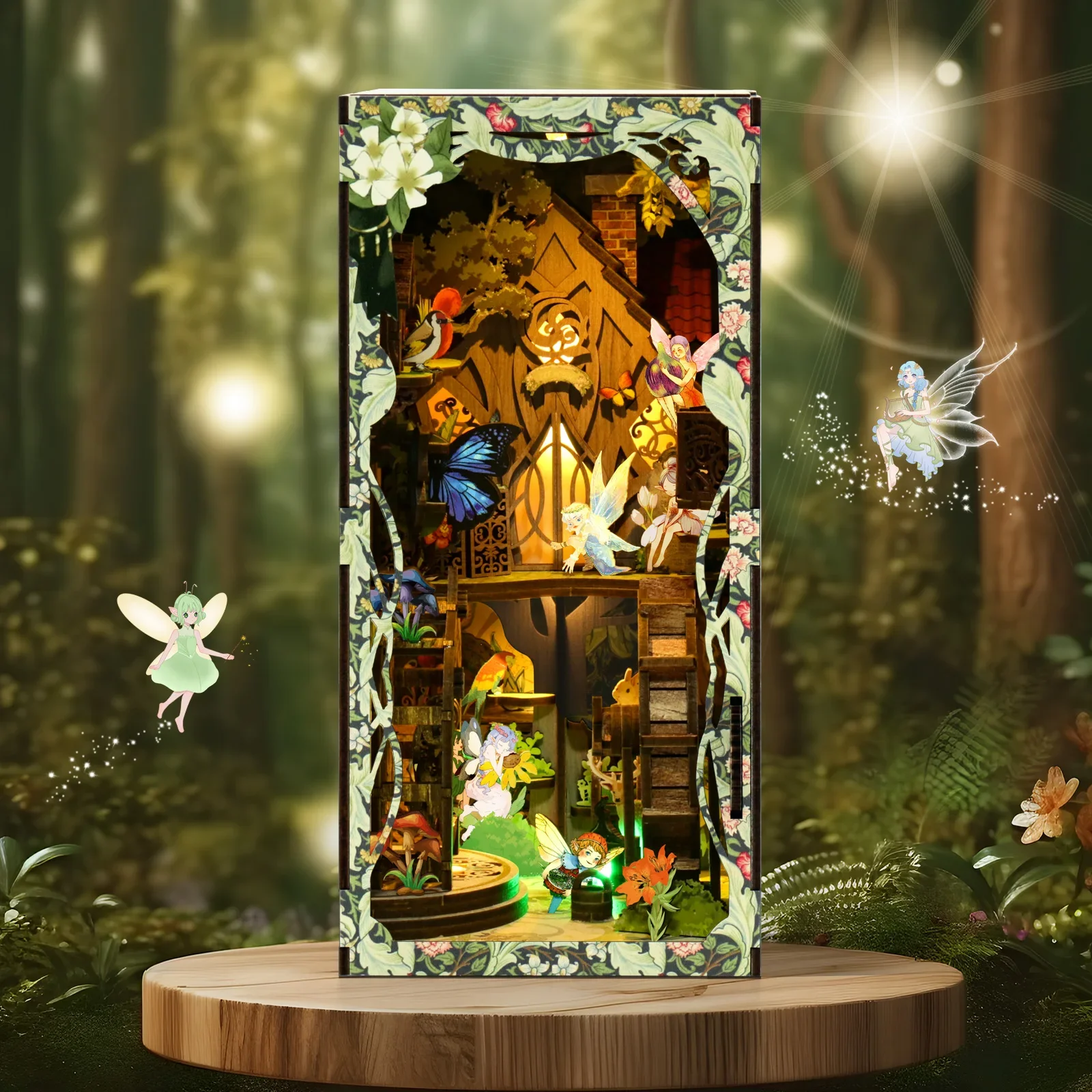 Cool DIY Book Nook Miniature House Kit Enchanted Forest Wooden Dollhouse with LED Light Bookshelf Insert Home Decor Gift - view 4