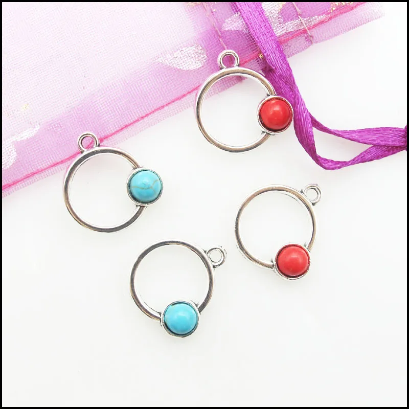 12 New the Earth Frame Charms Retro Antique Silver Tone Round Blue&Red Stone Pendants 17x18mm