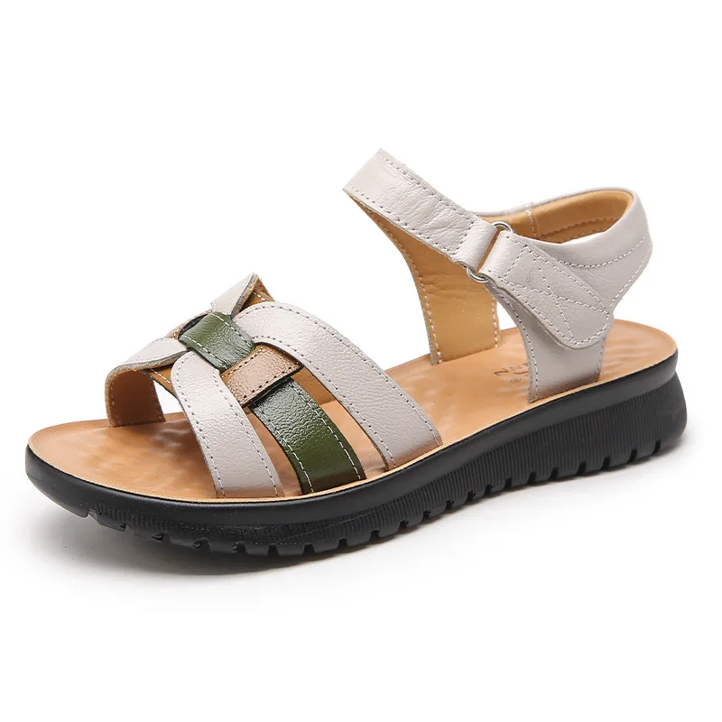 2024 Summer Leather Women Sandals Shoes Woman Casual Soft Wedge Heeled Sandals Women Flats Outdoor Beach Sandals
