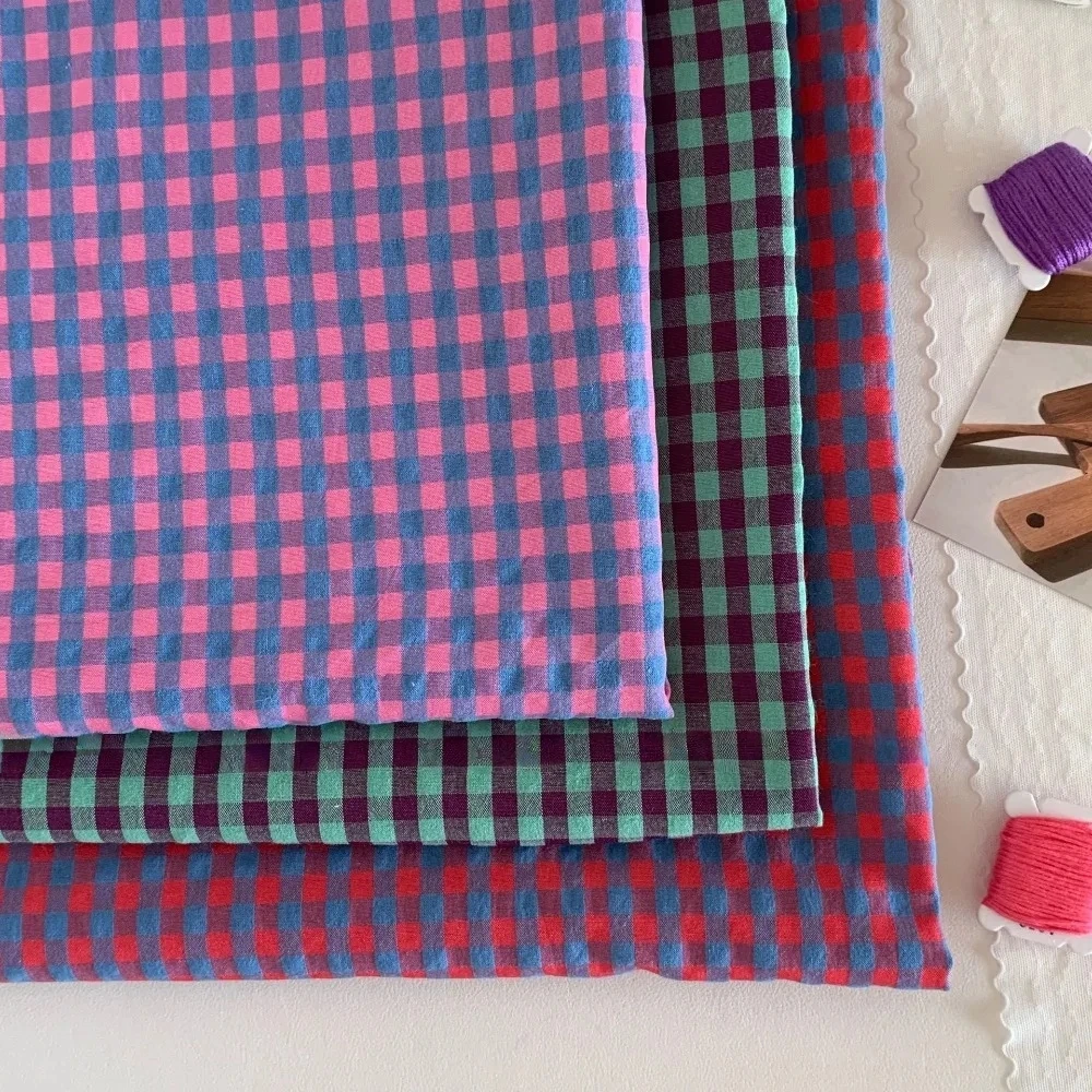 Tela de Algodón a Cuadros Pequeños de 140x50cm, Color Verde Morado, Estilo INS, Cuadros de 0.6cm para Bolsos Hechos a Mano, Lazos para el Cabello, Tela para Manualidades