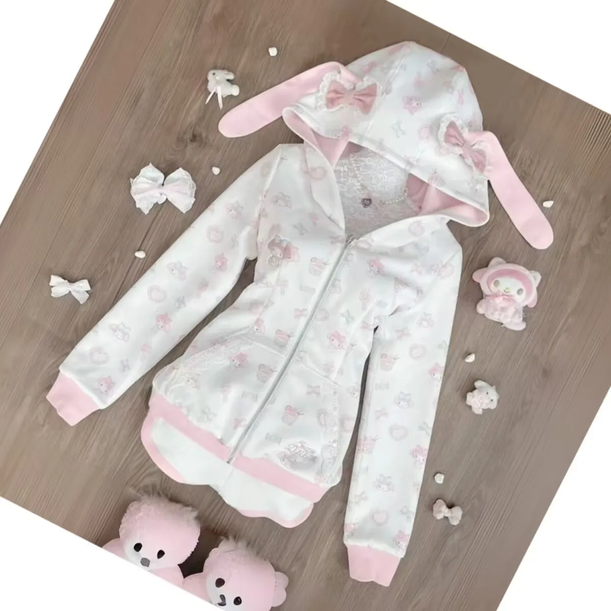 Harajuku ญี่ปุ่น Kawaii เสื้อการ์ตูนกระต่ายพิมพ์ Hoodie Y2k สีชมพู Subculture Bow Zip Up Hoodie ผู้หญิง Slim Anime Hoodie