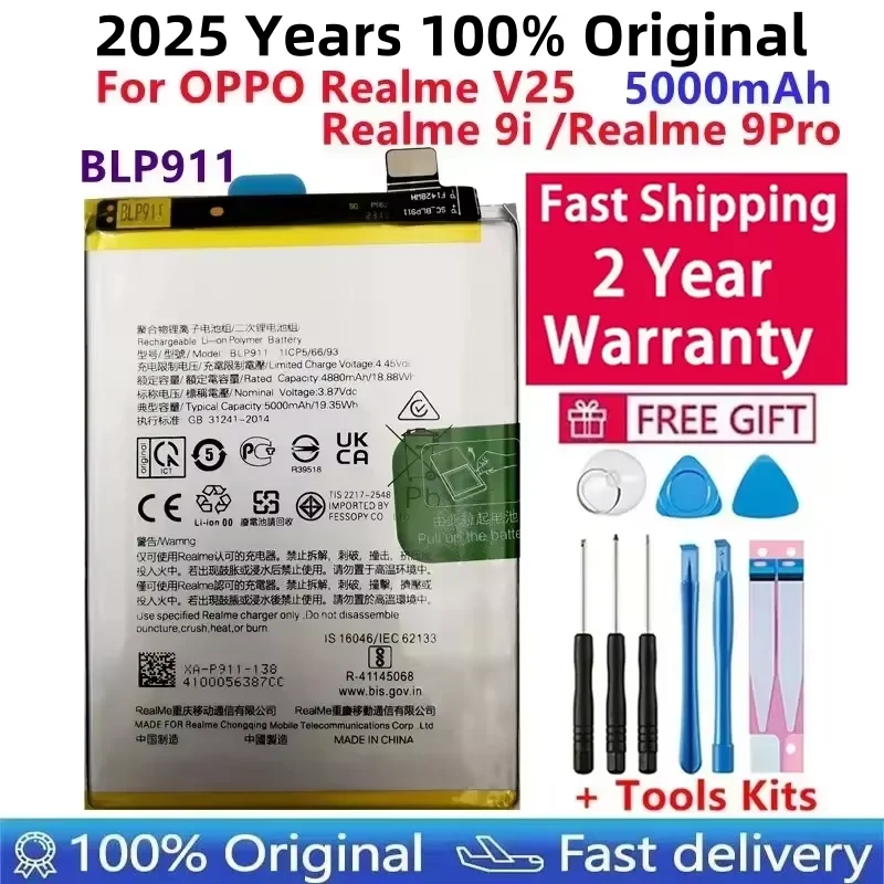 

2025 Years 100% Orginal New 5000mAh BLP911 Battery For OPPO Realme V25 / Realme 9i Realme 9 pro 9pro Mobile Phone Batteries