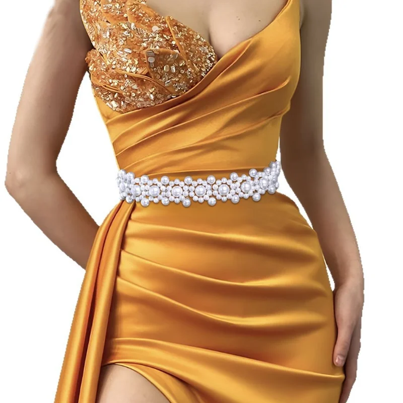 Women Pearl Wide Edge Belt Wedding Dress Waist Cover Festival Party Dress Belt Accessories DIY Handmade Waistband Decorations