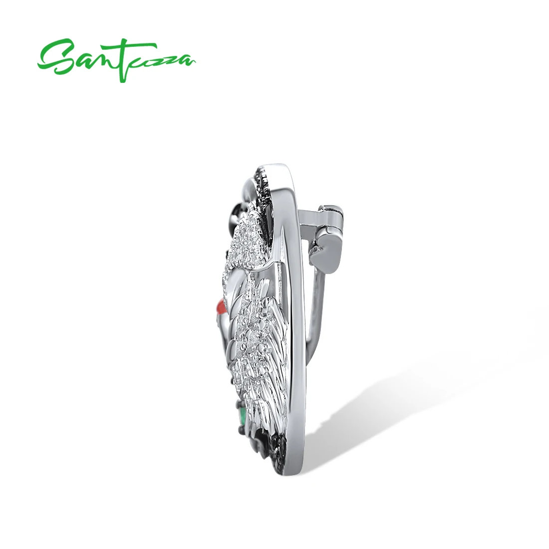 SANTUZZA Pure 925 Silver Brooch For Women Shiny White CZ Green Black Spinel Lively Red-Crowned Crane Party Gifts Fine Jewelry image 2