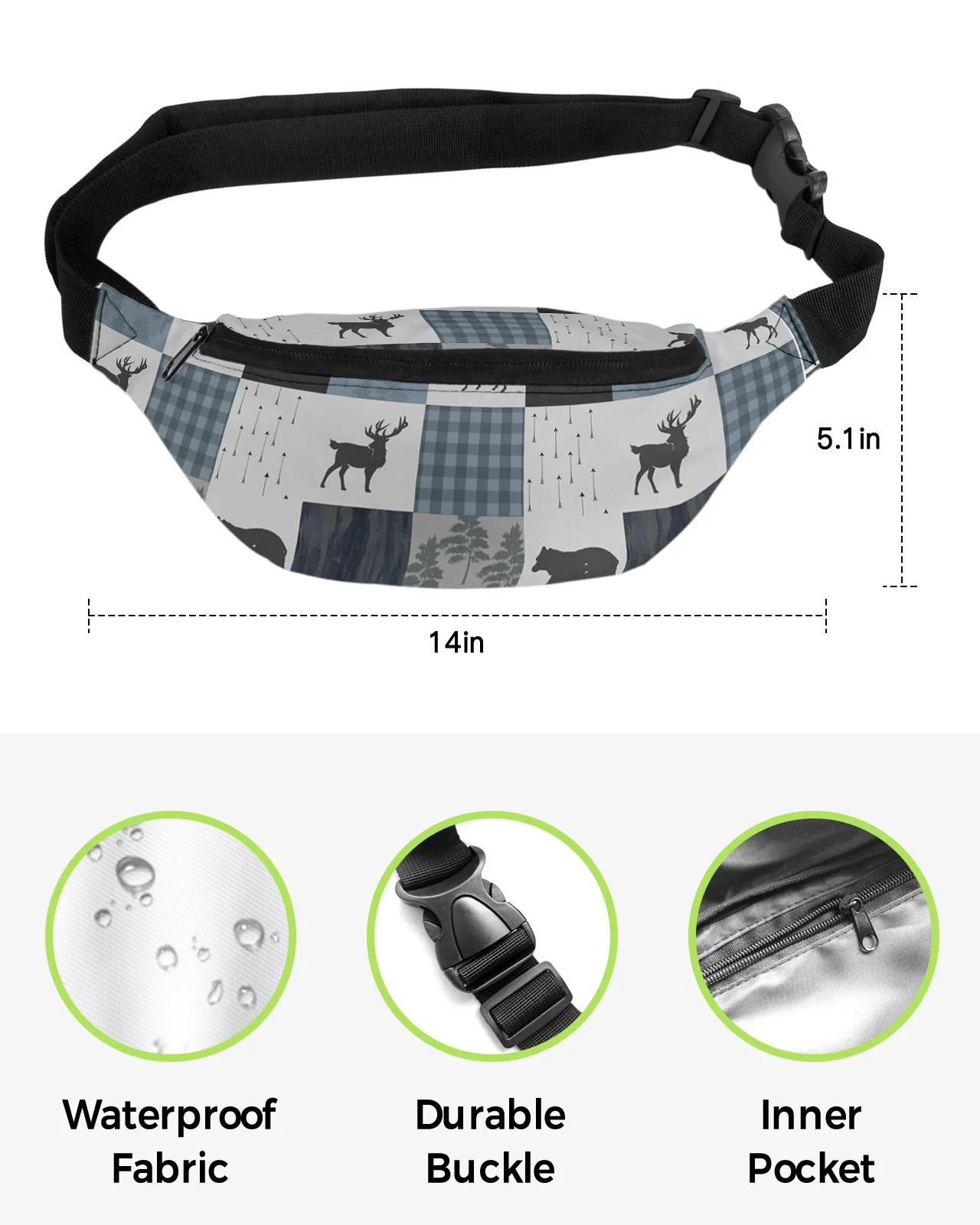 Vintage Country Style Bear Moose Woods Waist Bag Women Men Belt Bags Large Capacity Waist Pack Unisex Crossbody Chest Bag