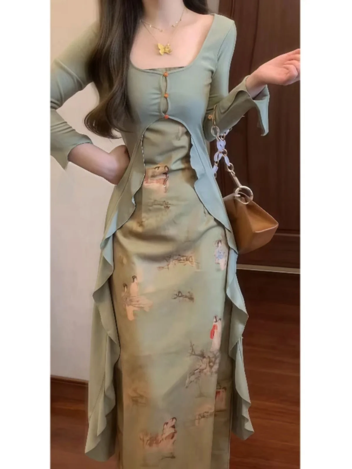 

Ретро-комплект из двух предметов: платье без рукавов с принтом и кардиган из комфортного хлопкового материала для женщин, мода осеннего сезона