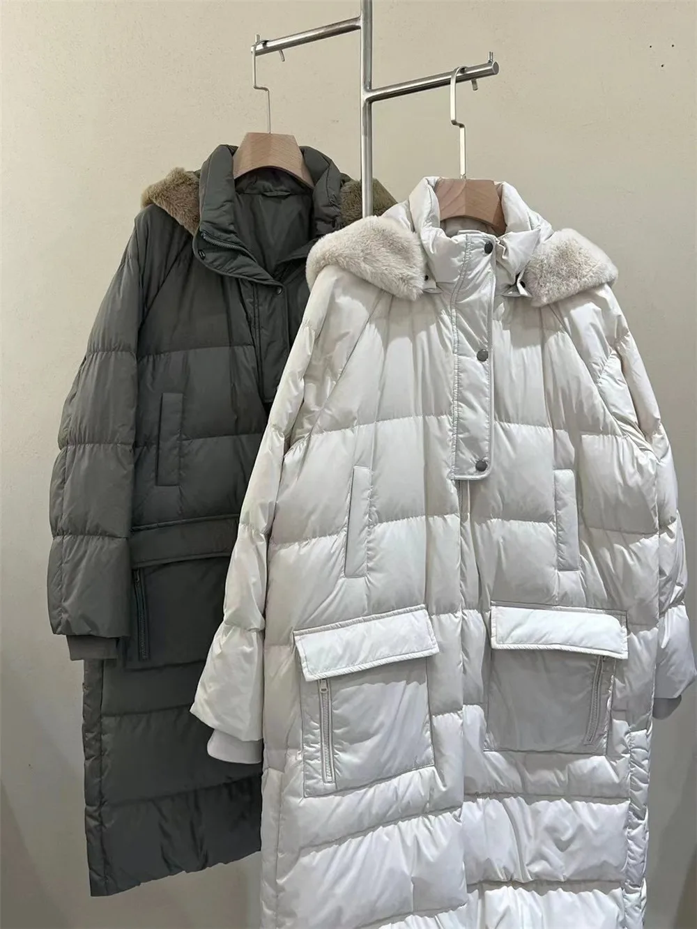 Women's Quilted Fluffy Hooded Jacket with Zipper, Long Goose Down Coat