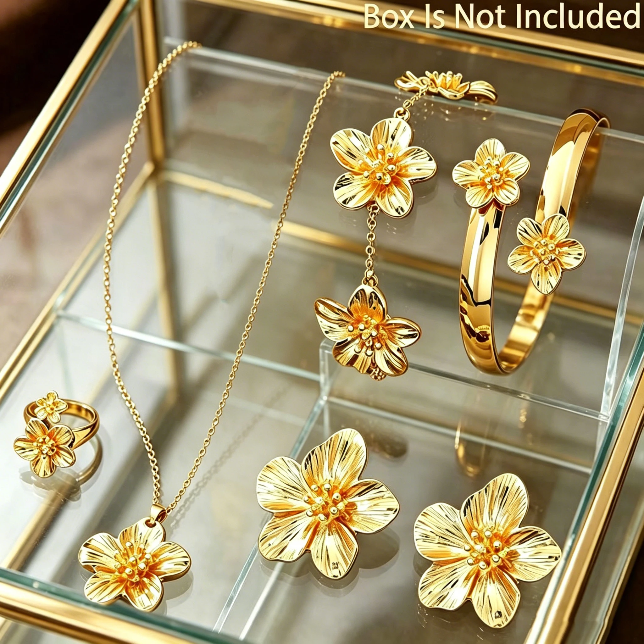 6-Piece Combination Set, Five-Petal Flower-Shaped Women's Jewelry Collection, Includes Necklaces, Bracelets, Bangles, Earrings, and Adjustable Open Rings, Suitable for Fashion Parties or as Birthday Gifts