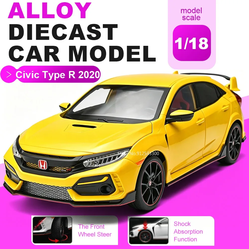 

1:18 Scale Civic Type R 2020 Car Model Toy Doors Opened Models Front Wheel Steer Shock Absorption Vehicle Special Collections