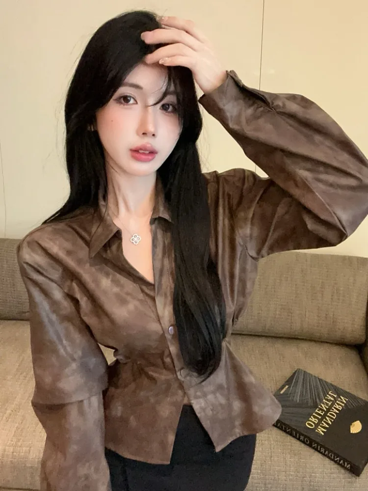 

Retro American Dyed Collar Short Leather Shirt Jacket Women's Backless High-End Feeling Outerwear City Walk Skin-Friendl...