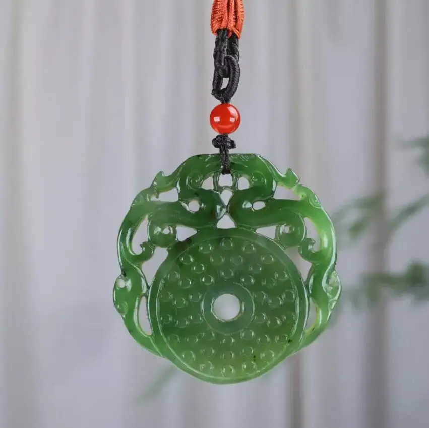 

Chinese Natural Grade A Green HeTian Jade jadeite Hand-Carved pendant Two Dragon