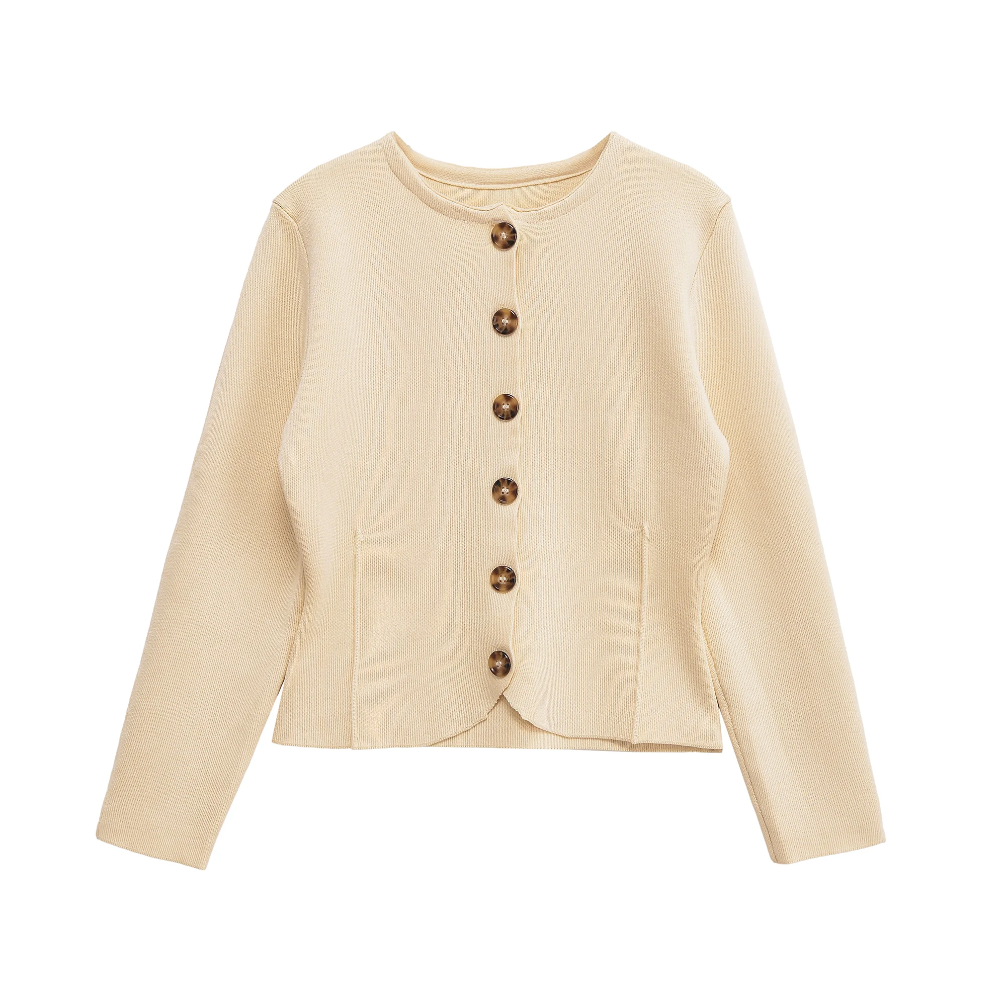 

Женская одежда, осенние новинки, простая и универсальная повседневная и модная вязаная куртка с круглым вырезом и тонкими пуговицами