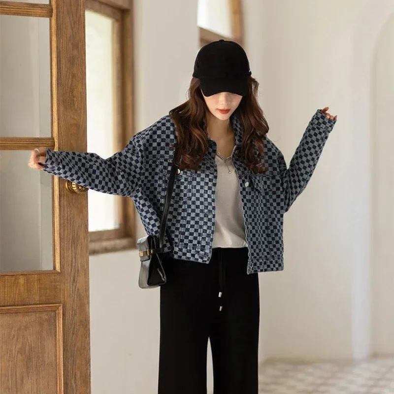 

Spring Autumn Check with Print Graphic Outerwears Blue Mix Color Female Jeans Coat Women's Denim Jackets Chic and Elegant Luxury