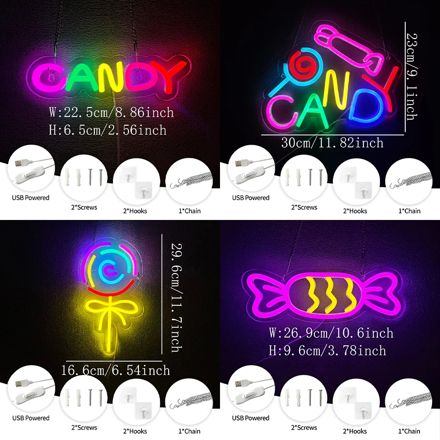 Candy Neon Sign For Wall Decor,Light Up Sign For Candy Shop Decor,Lollipop Store,Halloween,Home Party,Gift For Teen Birthday