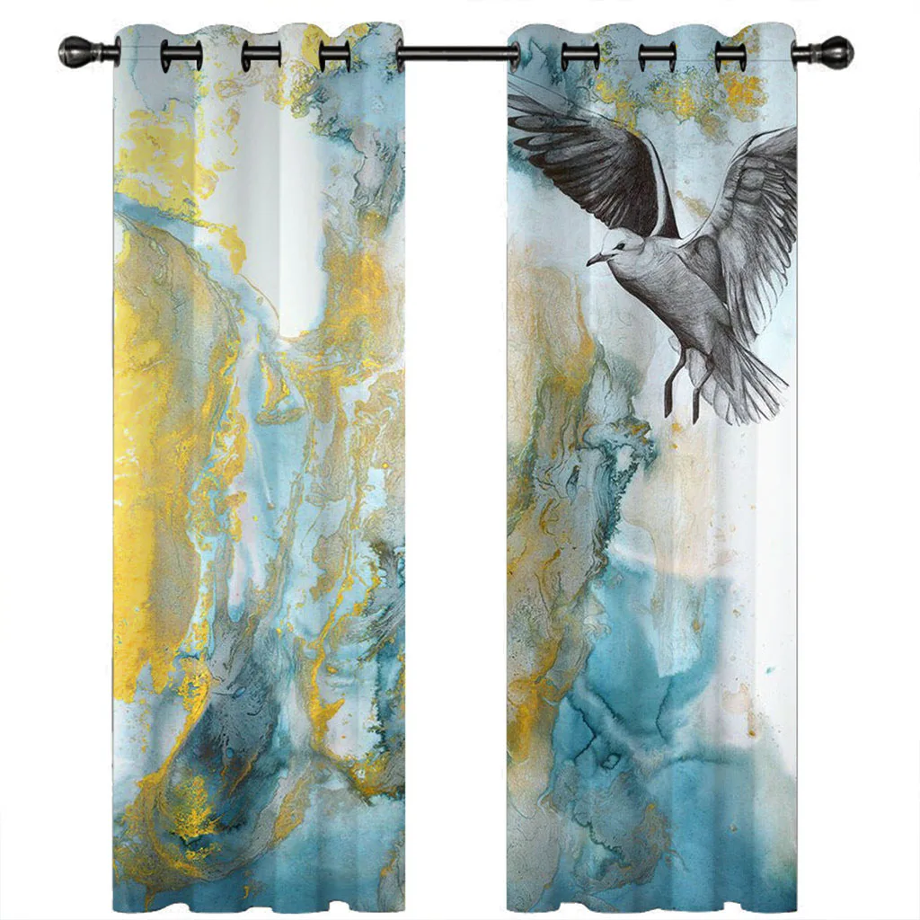 HUANZHUANG Bedroom Curtains Hummingbird Gold Texture Rod Pocket Wooden Door Printed Living Room Curtain For Home Decor Treatment