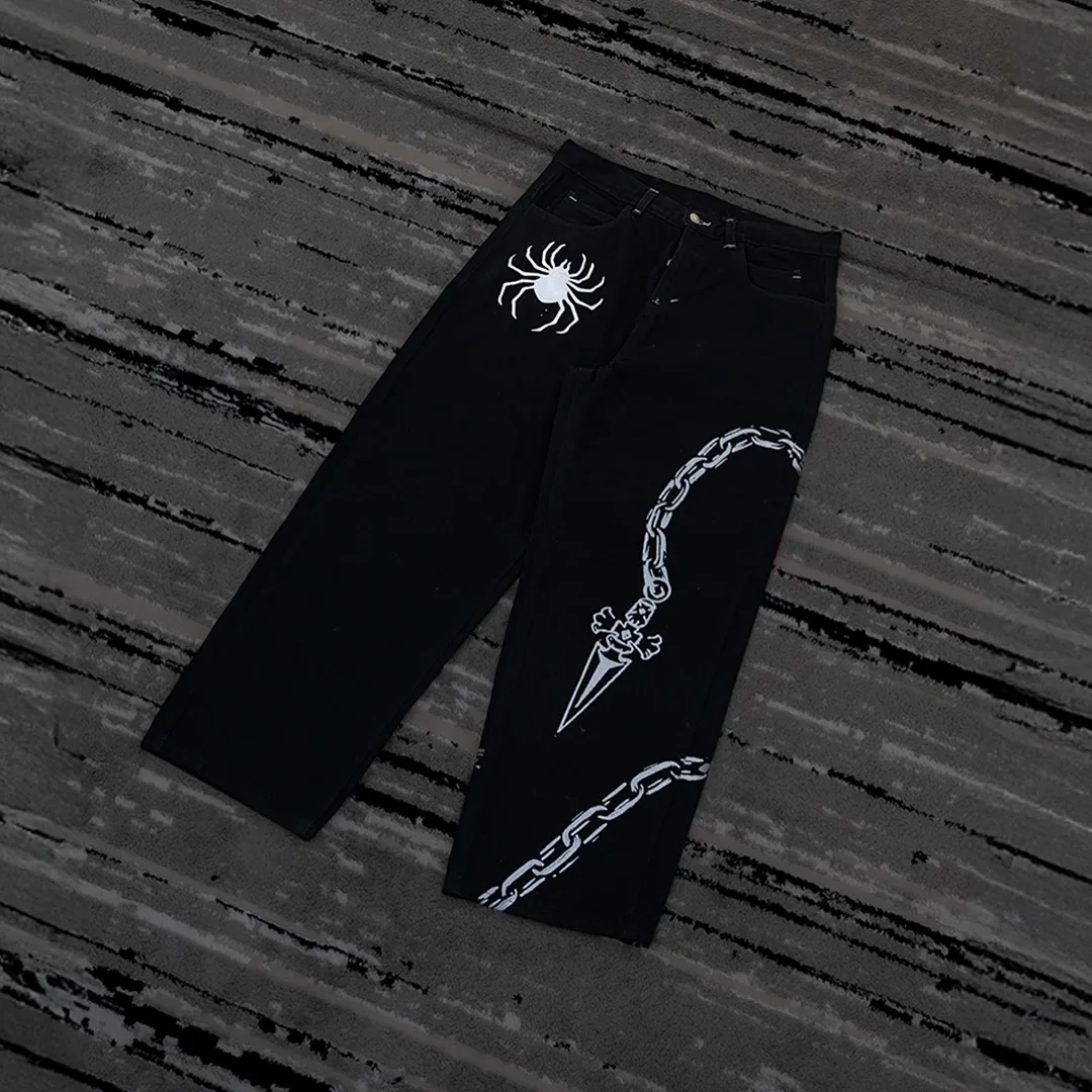 American Hip Hop Spider Silk Print Black Pants Embroidered Y2k Baggy Jeans Streetwear Men Harajuku Women High Waist Wide Trouser