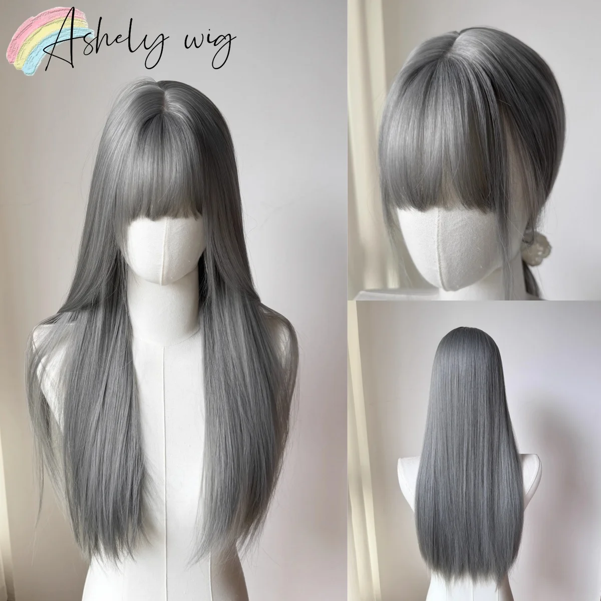 Ashely Gray Wigs with Bangs 24inch Long Straight Lolita Wig for Women High Temperature Fibers Sliver Headband Synthetic Wigs