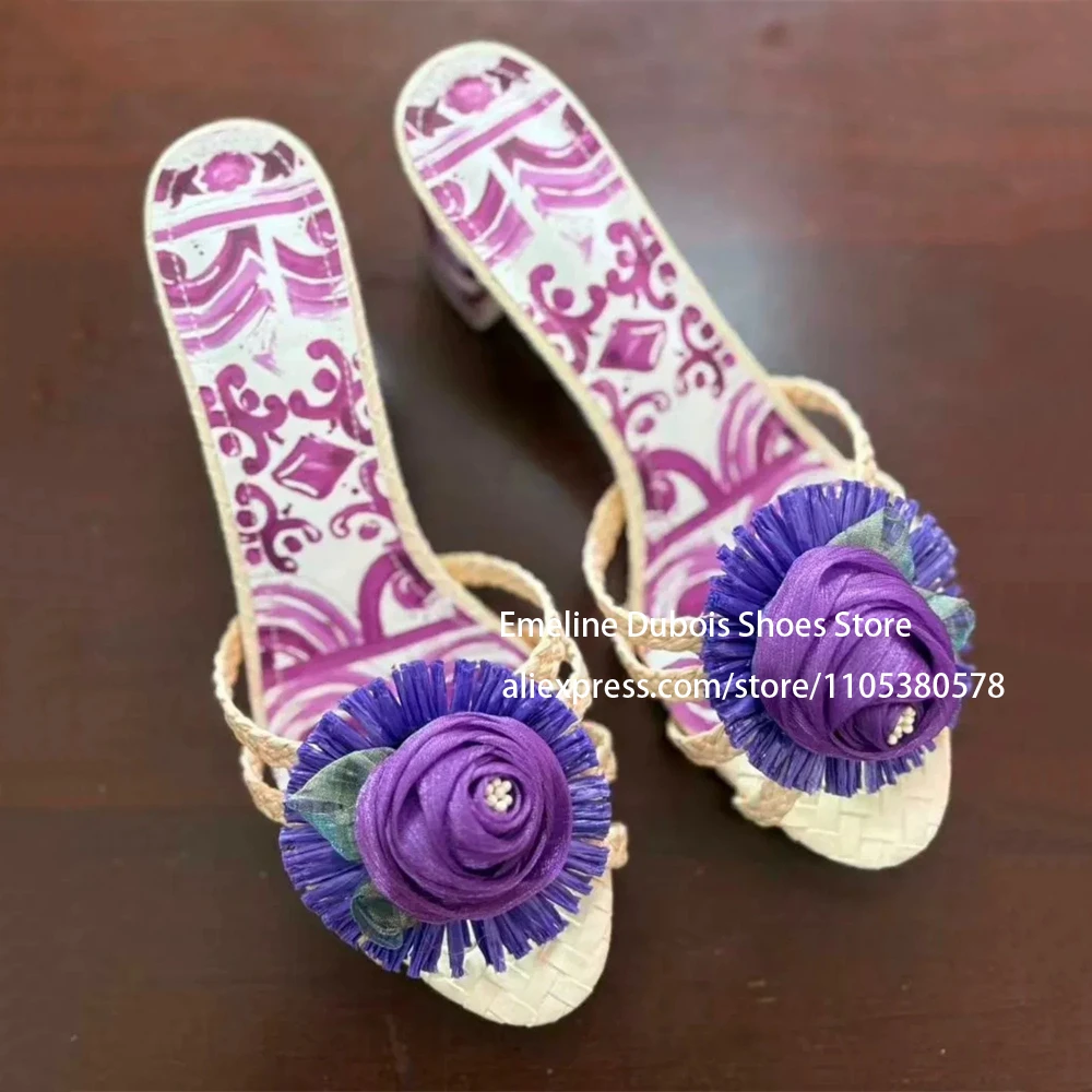 

Purple Floral Block Heel Open Toe Espadrilles Slide Sandals Women Slip on Woven Straw Slippers Beach Bohemian Summer Shoes