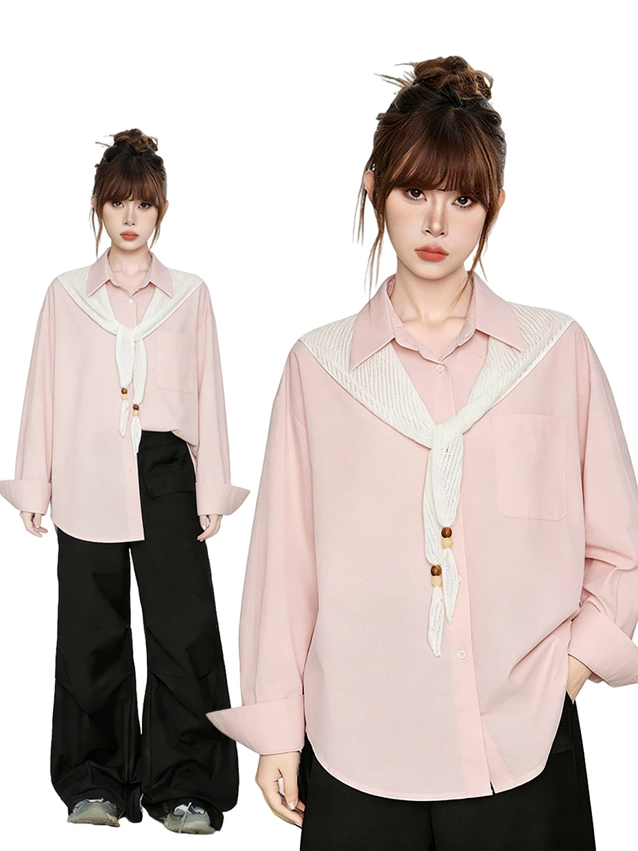 

Pink Shirt Women's Casual Fashion Spring Shoulder Shawl Slimming Top High-End Feeling Comfortable Polyester Fiber Long Sleeve