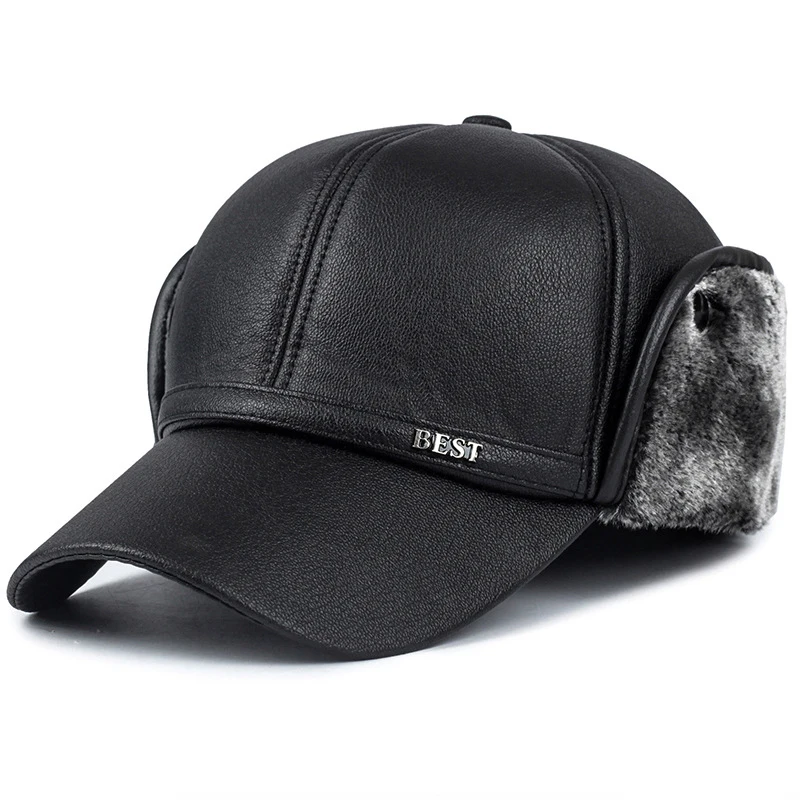 Winter New Men\'s Hat Imitation Leather Baseball Cap, Fashion Ear Protection Cap, Cap, Winter Outdoor Warm Hat, Elderly Hat