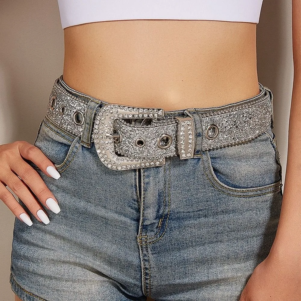 

Vintage Beads Bordered Shiny Wide Belt Solid Color Y2K Rhinestone Waistband Jeans Decor Alloy Women PU Belt Waist Seal