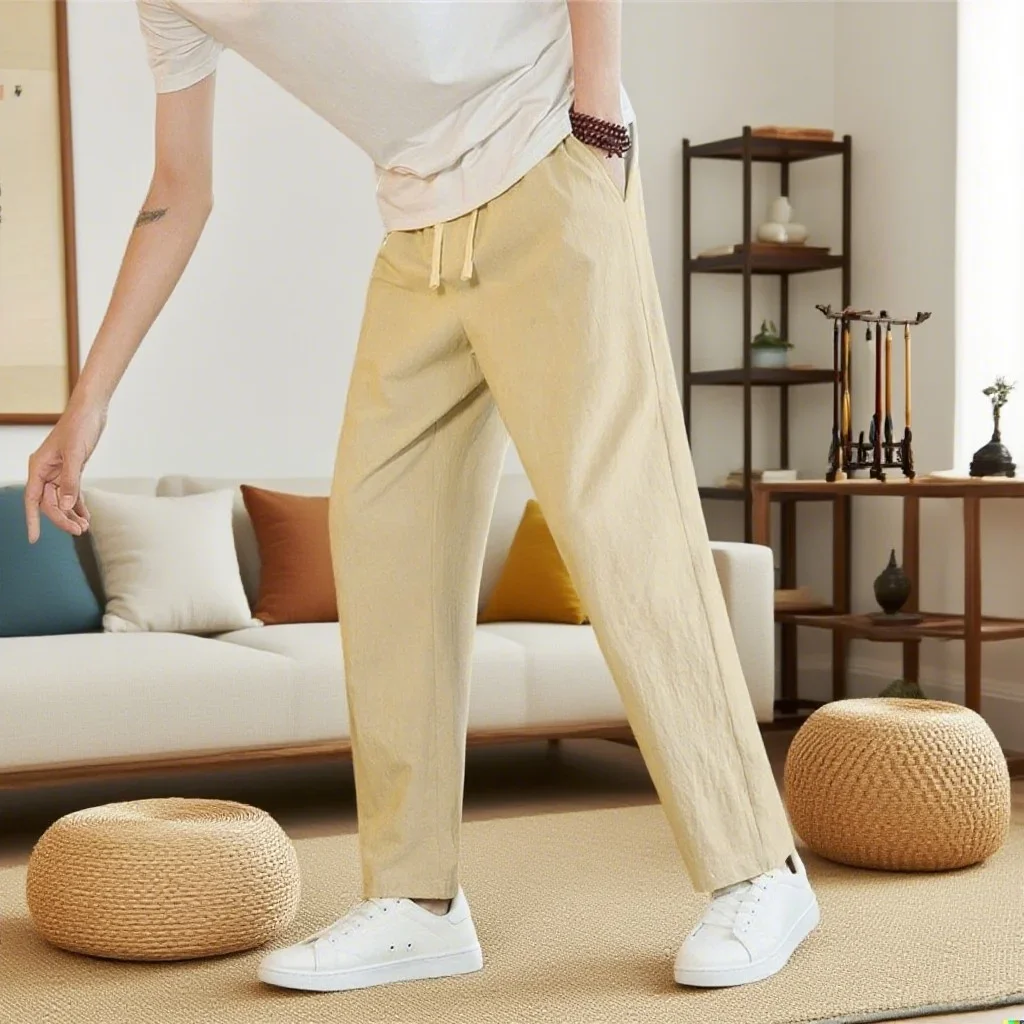 بنطال رياضي رجالي من القطن والكتان على الطراز الصيني الجديد يسمح بالتهوية بلون سادة مريح وفضفاض لقضاء عطلة ملابس الشارع الصيفية #2