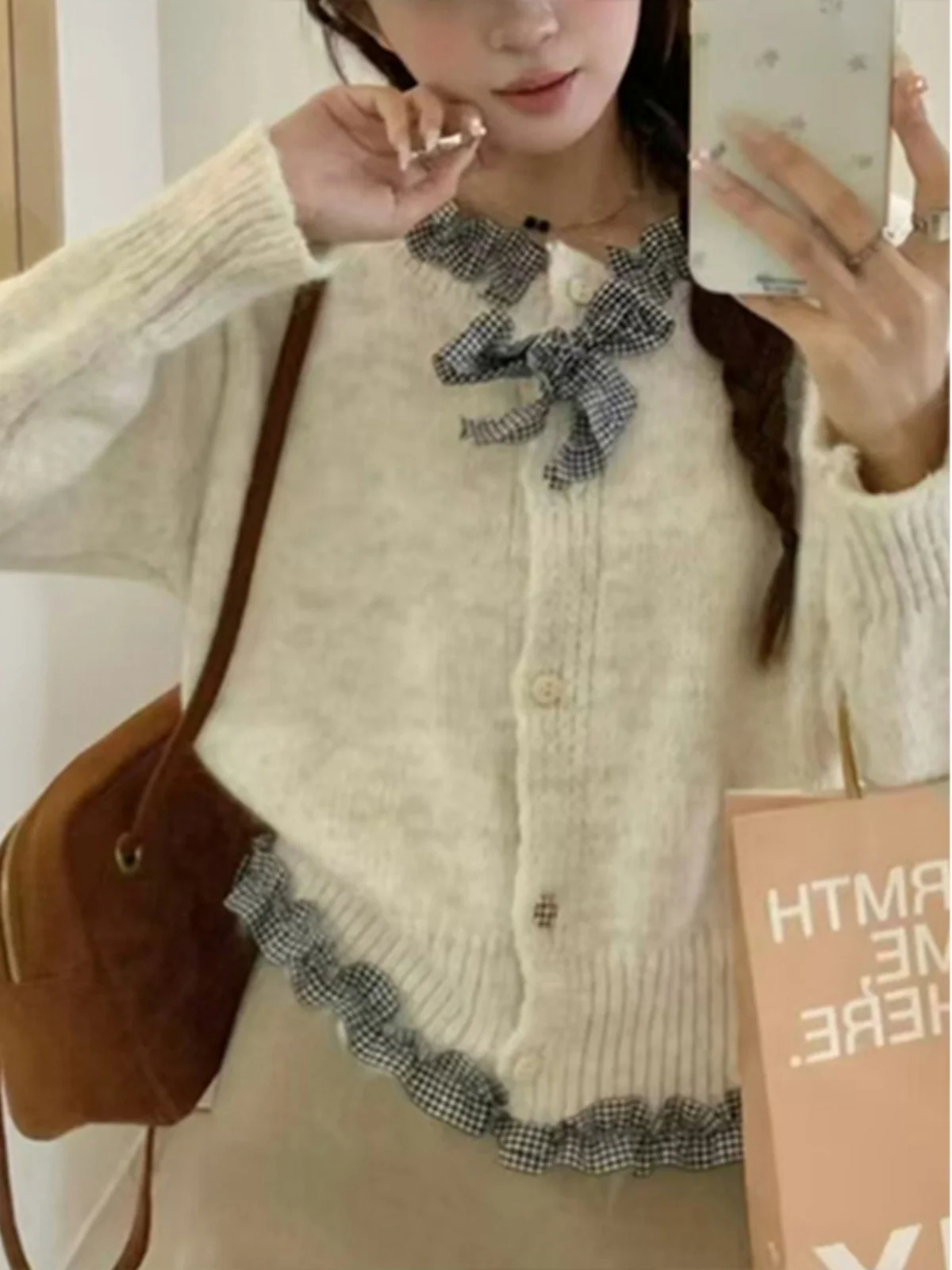 

Korean Sle Soft Plaid Sweater Coat Women's Autumn Winter New Sle Small ence Butterflies Knot Color Colion Sweater