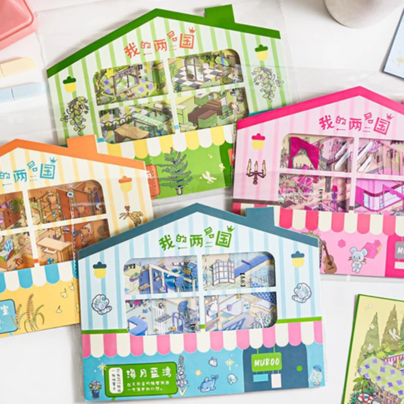 Mr.Paper 4 Peças/Pacote Série Minha Casa de Dois Andares Adesivo 3D de Paisagem DIY Cenário em Miniatura Decoração para Diário e Scrapbook Suprimentos para Artesanato