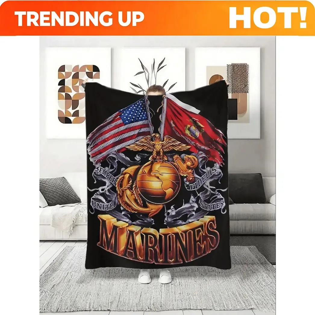 Customize US Marines Eagle Emblem Throw Blanket Soft Cozy Patriotic Military Decor Sofa Bed Blanket For Veterans, Soldiers, And