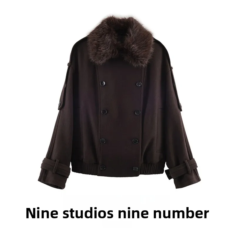 

Faionable Double-Breasted Fur Collar Loose Jaet Women's Outerwear Top European Sle Long Sve Regular Length
