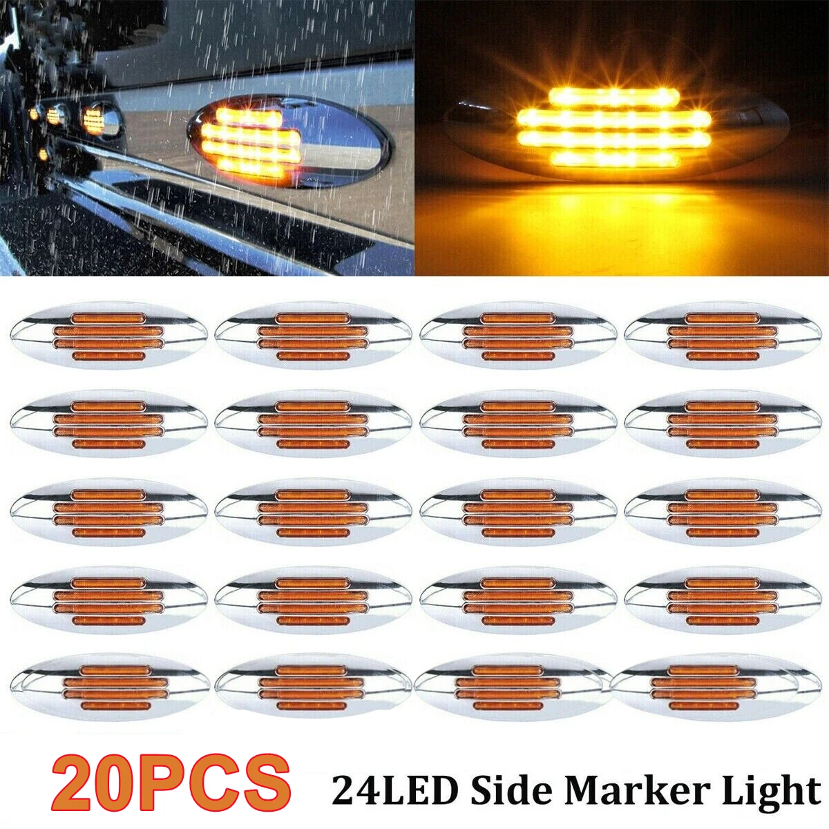 20PCS Amber Side Marker Lights 12v LED Trailer Lamps Lights Truck Sidelight Clearance 24 LED Chrome for Freightliner 12V