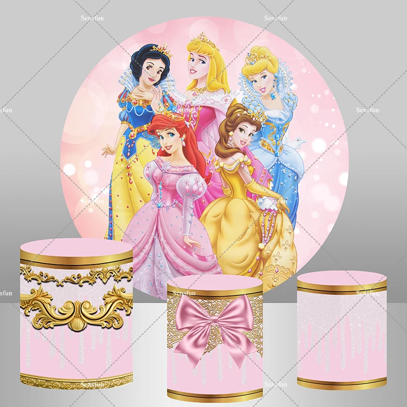 Disney Princesses Round Backdrop Cover Bokeh Pink Baby Shower Happy Birthday Party Photography Background Cylinder Covers