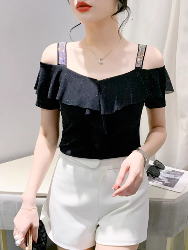 Women's Off-Shoulder Summer Short Sleeve Top Rhinestone Mesh Ruffle Sleeve Slim-Fit Trendy Tee New Chic Casual Party T-shirts