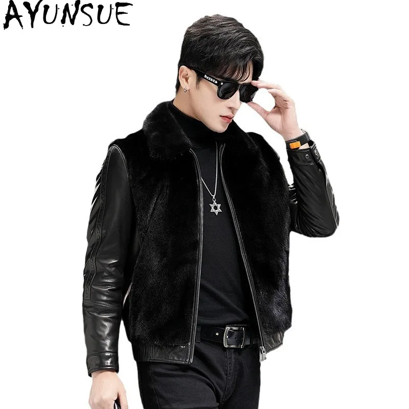 AYUNSUE Genuine Leather Man Jackets Real Mink Fur Coat Male Winter Clothes Real Goatskin New in Coats 2025 Jaqueta De Couro