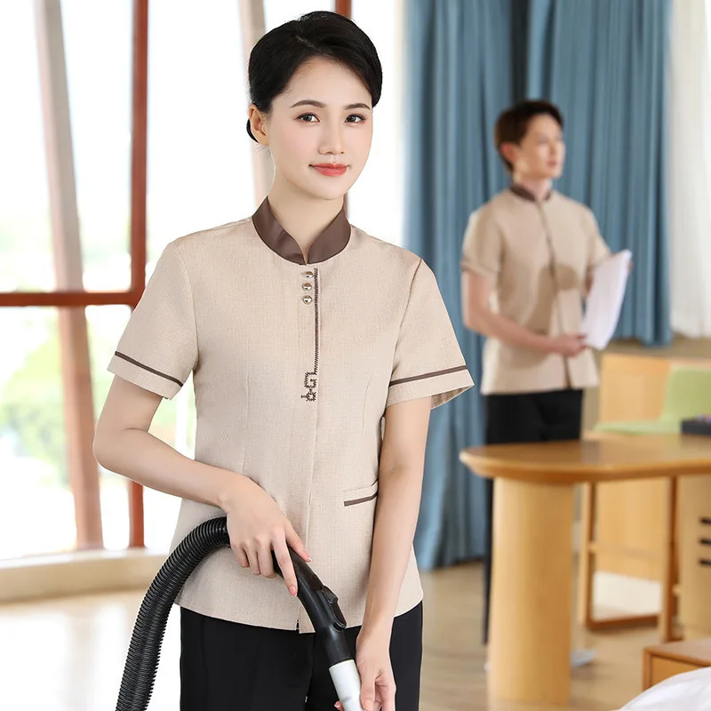 Novo estilo de uniforme de trabalho de limpeza para mulheres, manga curta, verão, hotel, casa de hóspedes, limpeza, gerenciamento de propriedades, tiaPAU
