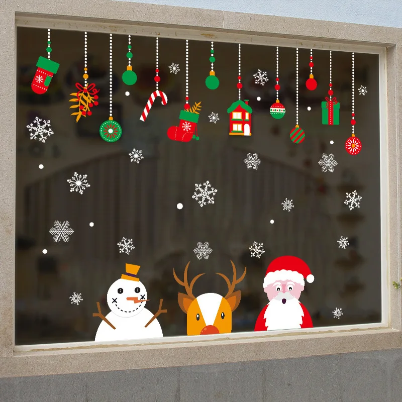 Festive Christmas Wall Stickers Elegant Glass Window Decals Adhesive Holiday Window Art Cute Reindeer Santa Claus Window Decor