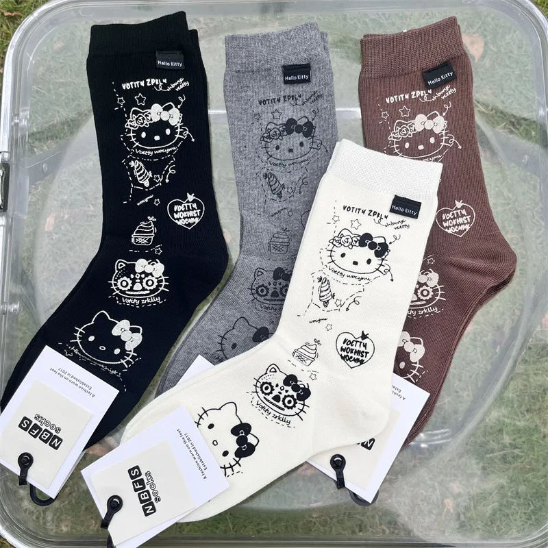 Sanrios-Chaussettes Hello Kitty Anime, Chaussettes en coton, Kawaii, Toutes saisons, Ventilation, Confortables, Mignonnes, Résistantes à l'usure, Fille, Loisirs