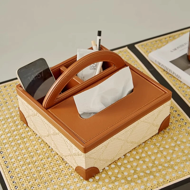 

Woven Rattan Tissue Box, Fabric Paper Dispenser, Remote Control Storage Case, Multi‑Function Desktop Organizer Rack for desk