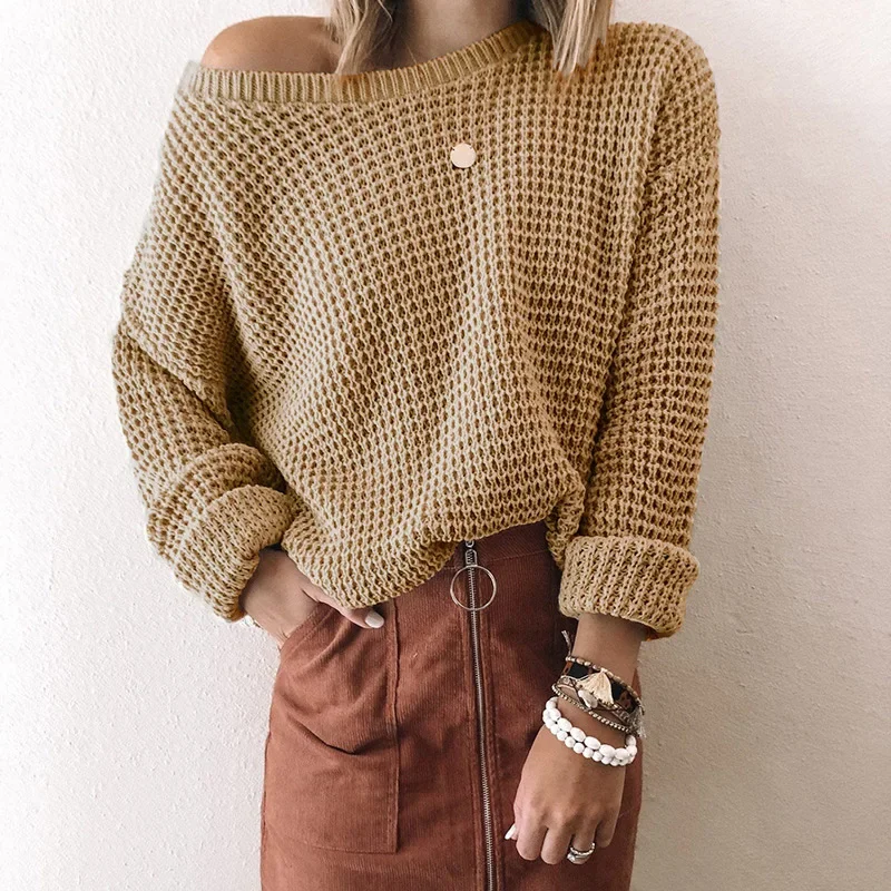 Commuter Solid Color Loose Diagonal Collar Long Sleeve Knit Top Joker Elegant Temperament Pullover Woman