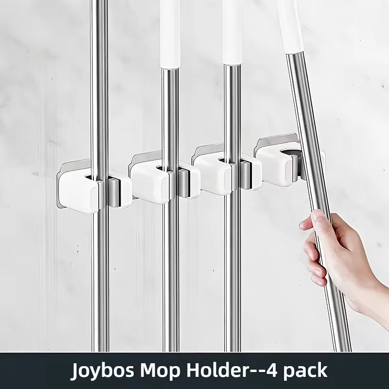 4-Pack Mop Holders: for Bathroom Organization, Strong Adhesive Mop Hook, Cleaning, Hidden, Utility Hooks, Bathroom Accessory