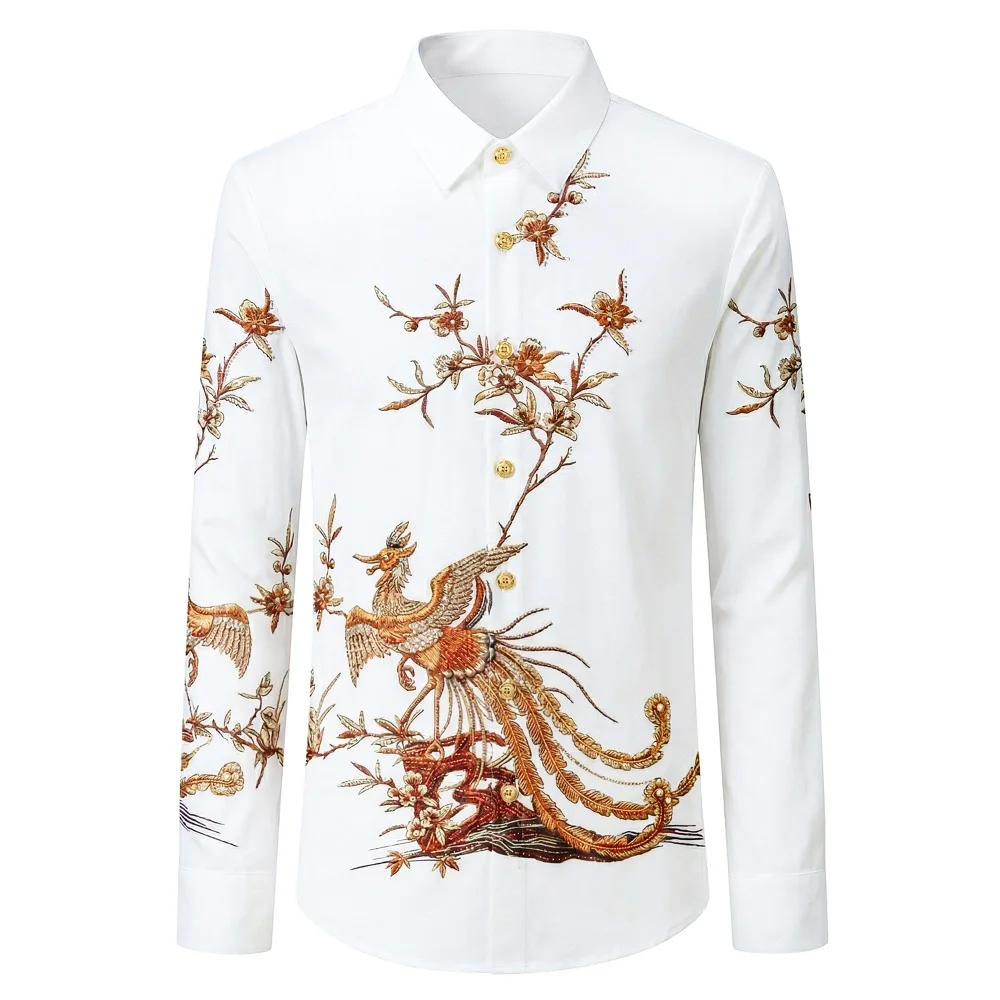 

Brand 3D Floral Rhinestone Long Sleeved Shirt for Men Chinese Style Casual Business Social Shirts Social Party Camisa Masculina