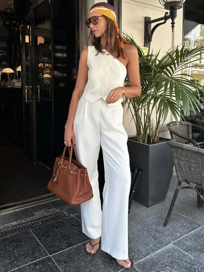 Oymimi Elegant White Sets For Women 2 Pieces Fashion One-Shoulder Skew Collar Tank Tops And High Waist Simple Straight Pants Set