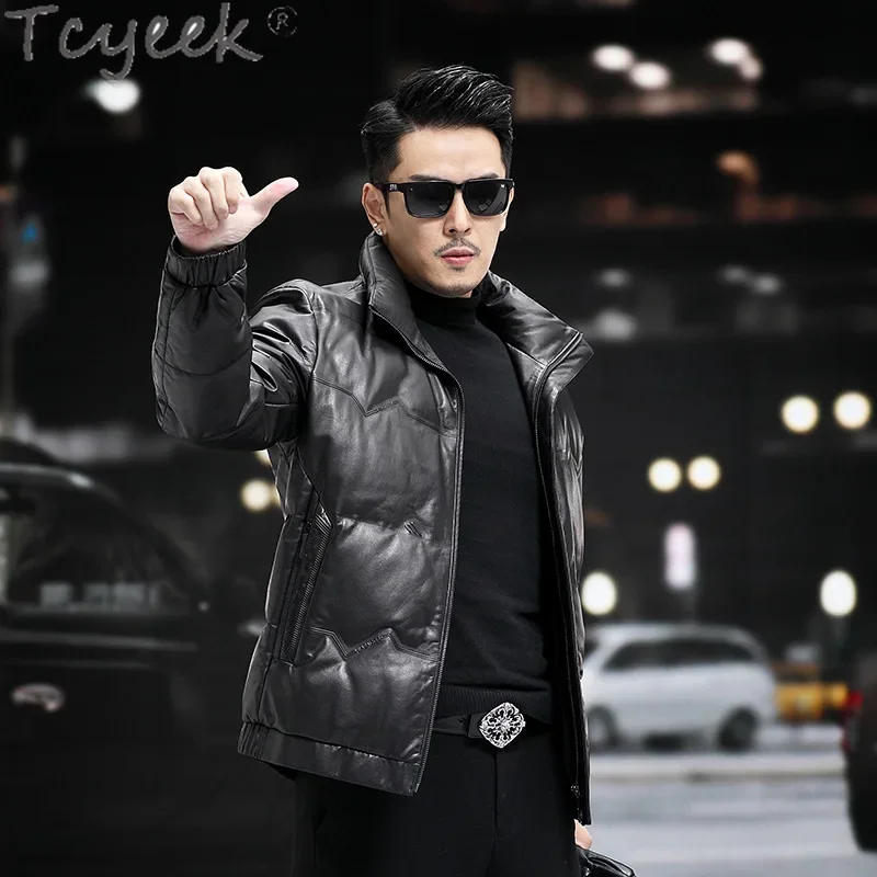 Tcyeek Genuine Leather Jacket Men Winter Jackets Warm Goose Down Coat Mens Clothing Stand Collar Top Layer Cowhide Coats 2024