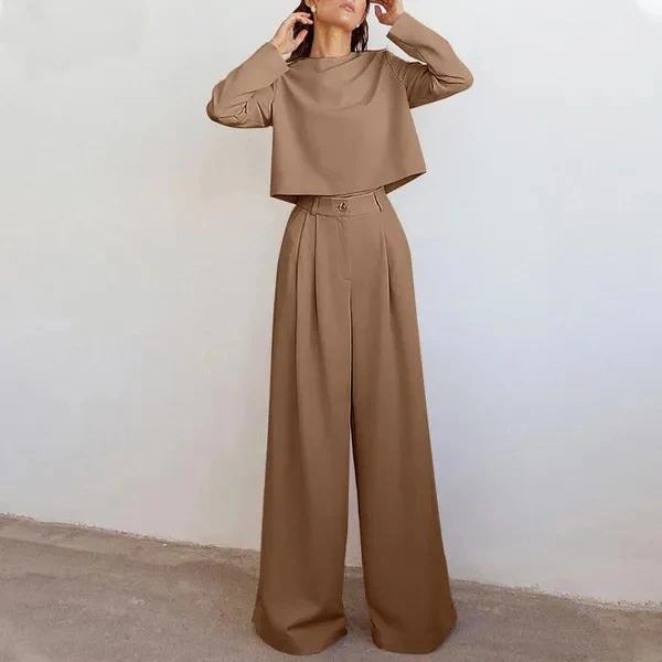 

Solid Color Long-sleeved Short Top Wide-Leg Trousers Suit Fashionable Commuting High Waist Two-piece Casual Simple Women Suit