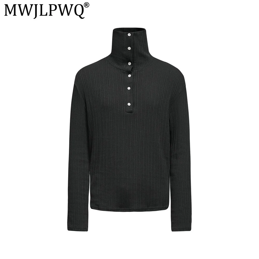 MWJLPWQ Turtleneck Long-Sleeve Base Knit T-Shirt Men Spring Autumn Button-Up High-Neck Loose Casual Fit Tide American Tops 20461