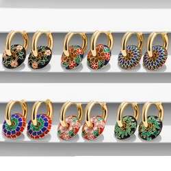 Vintage Round Enamel Colorful Flowers Circle Charms Dangle Earrings for Women Stainless Steel 18K Gold Plated Huggies Earring