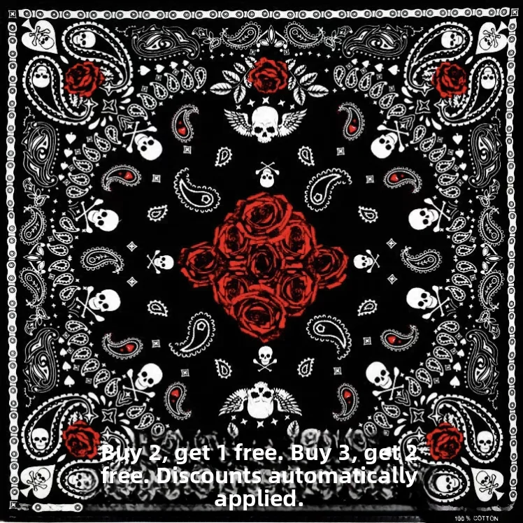 Red Rose Poker Skull Cotton Scarf Headscarf Hairband Street Dance Unisex Hip Hop Multi-Use Square Scarf for All Ages