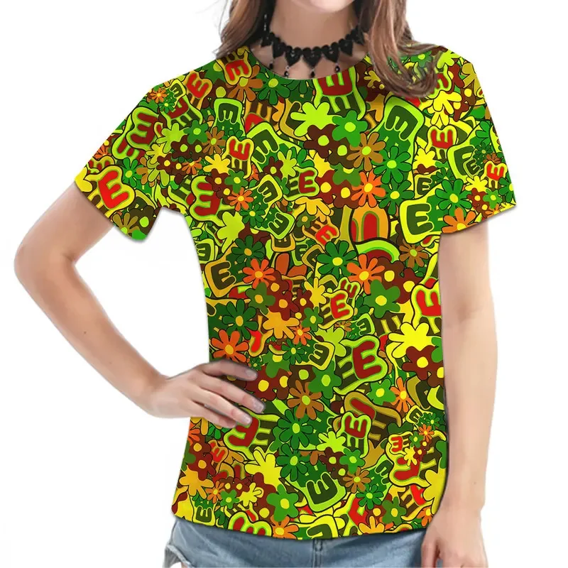 المرأة رسالة E زهرة تي شيرت كول ملون امرأة قصيرة الأكمام الصيف س الرقبة تي شيرت موضة الشارع الشهير الملابس الناعمة