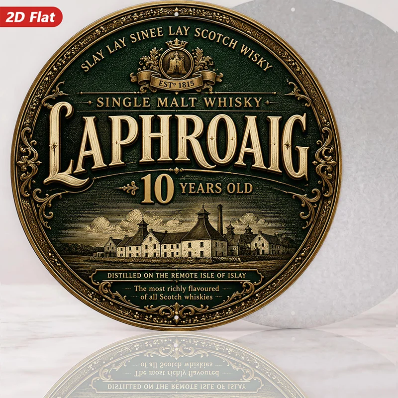 2D Flat, 1pc Round Metal Sign Wall Art, Laphroaig Single Malt Whisky Art, Vintage Style, Distillery Scene, Home Decor, for Bar,
