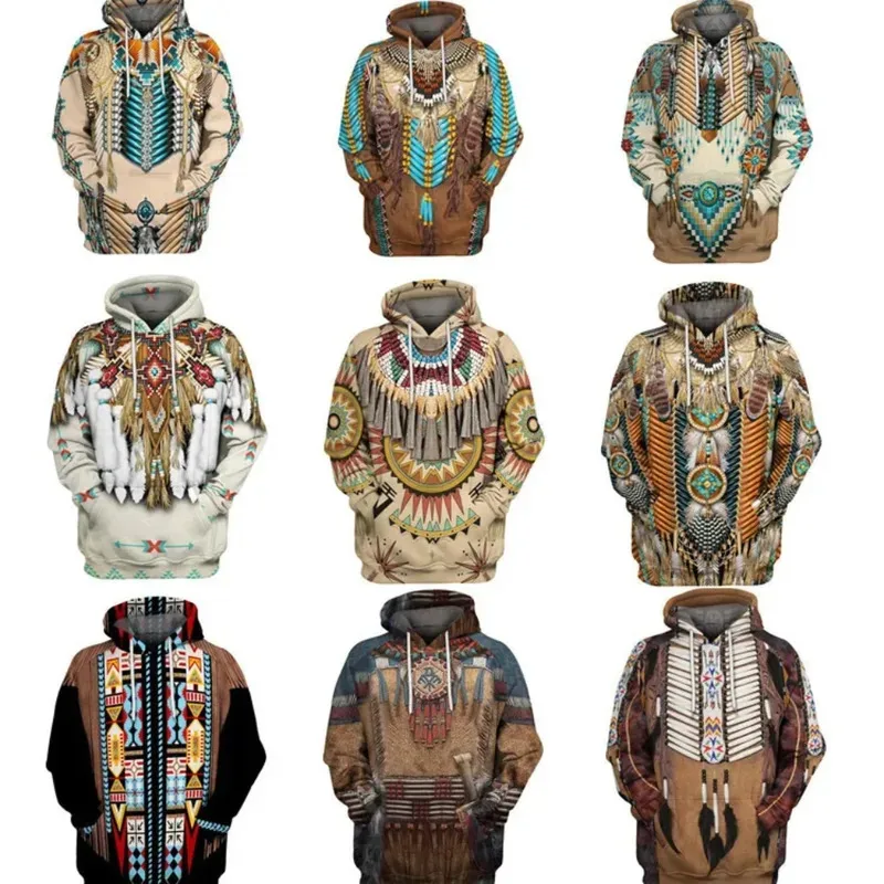dd54Men's and 's Indian Style Hoodies 3D Print Autumn Long Sleeve Pullover Oversize Tops Sweatshirts for Women Men Costume